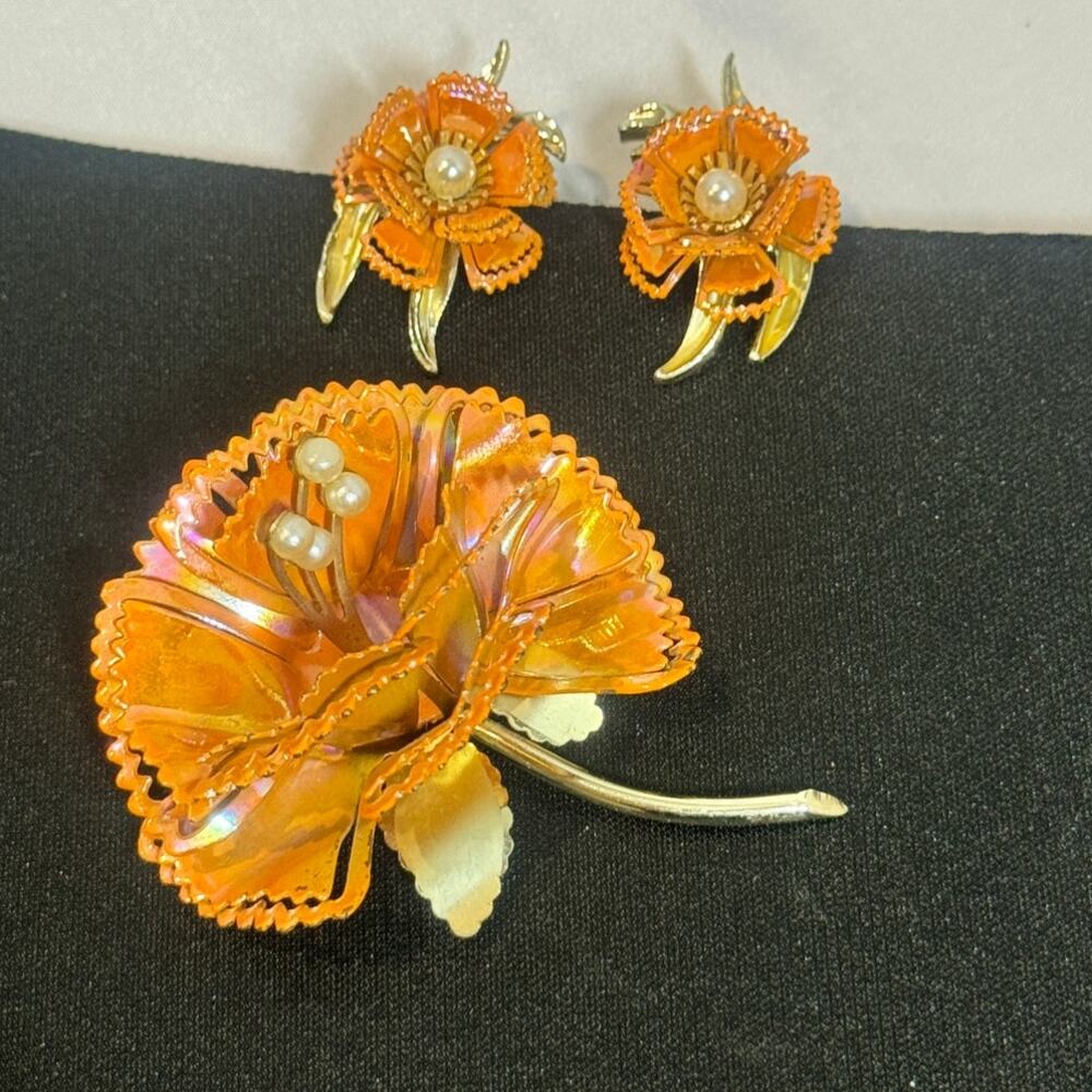 Vintage Pakula Orange Carnation Flower Brooch & Earrings set‎ 1960, MCM
